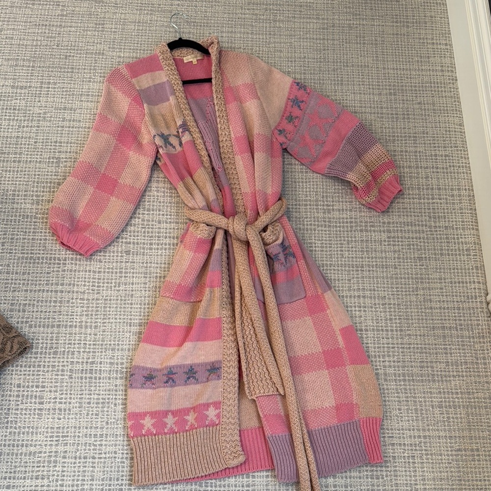 LoveShackFancy Pink and Beige Plaid Knit Cardigan